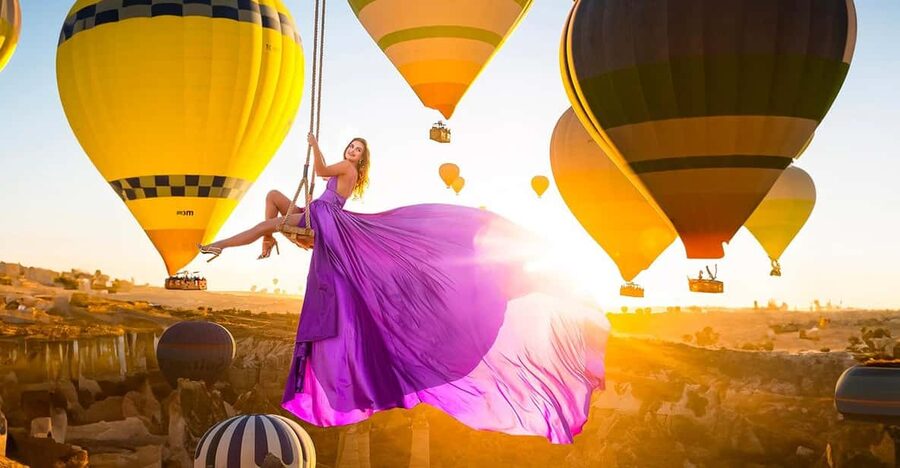 Cappadocia: Taking photo with Swing at hot air balloon view - The flowing dress and the crane swing